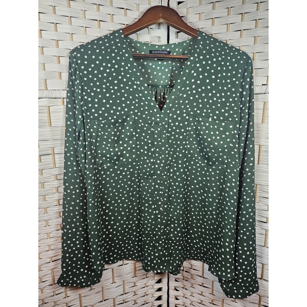 41 Hawthorne Green Polka Dot Top Sz XL Long Sleeve Work Career